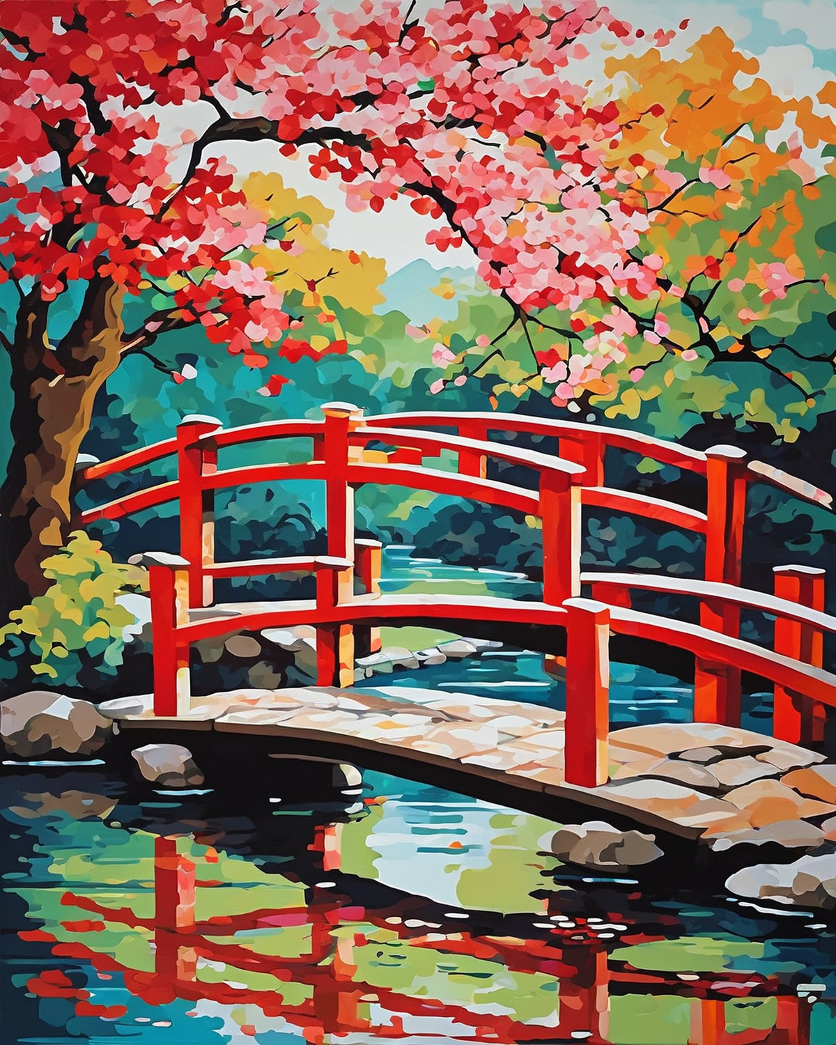 red wooden bridge over a pond under a pink cherry blossom tree, paint by numbers kit