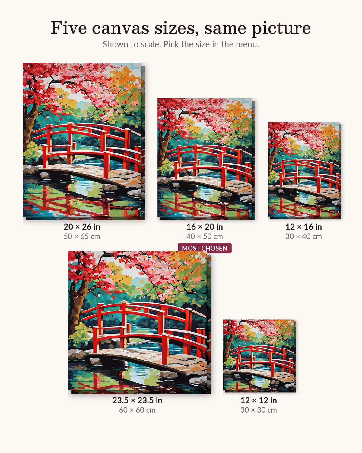 Red Bridge and Cherry Blossoms canvas sizes from 12 x 12 to 23.5 x 23.5 inches