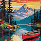 red canoe on a still mountain lake with tall pines, a snowy peak and a sunrise sky, paint by numbers kit
