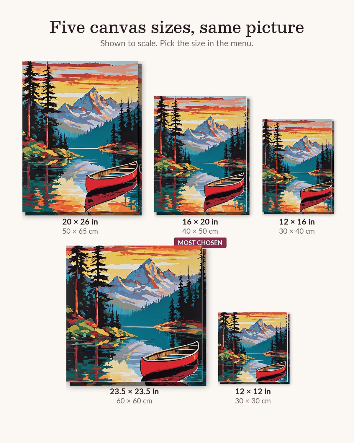 Red Canoe on the Mountain Lake canvas sizes from 12 x 12 to 23.5 x 23.5 inches