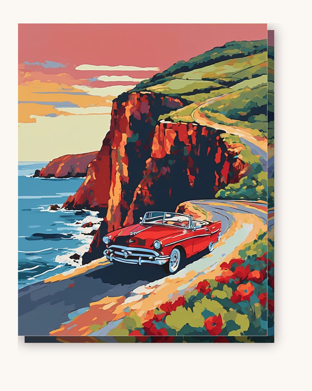 Red Convertible on the Cliff Road paint by numbers kit on stretched canvas