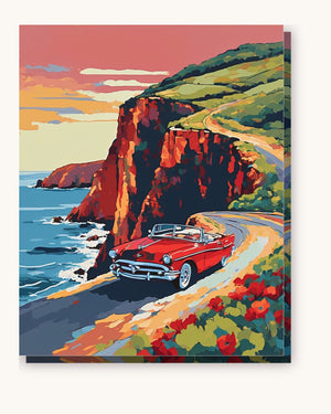 Red Convertible on the Cliff Road paint by numbers kit on stretched canvas