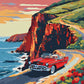 red convertible car on a curving coastal road beside red cliffs and the sea, paint by numbers kit