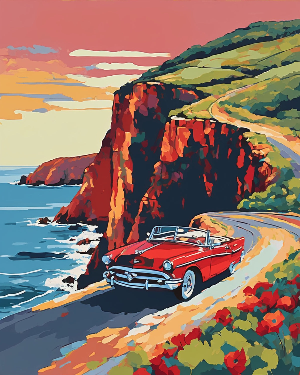 red convertible car on a curving coastal road beside red cliffs and the sea, paint by numbers kit
