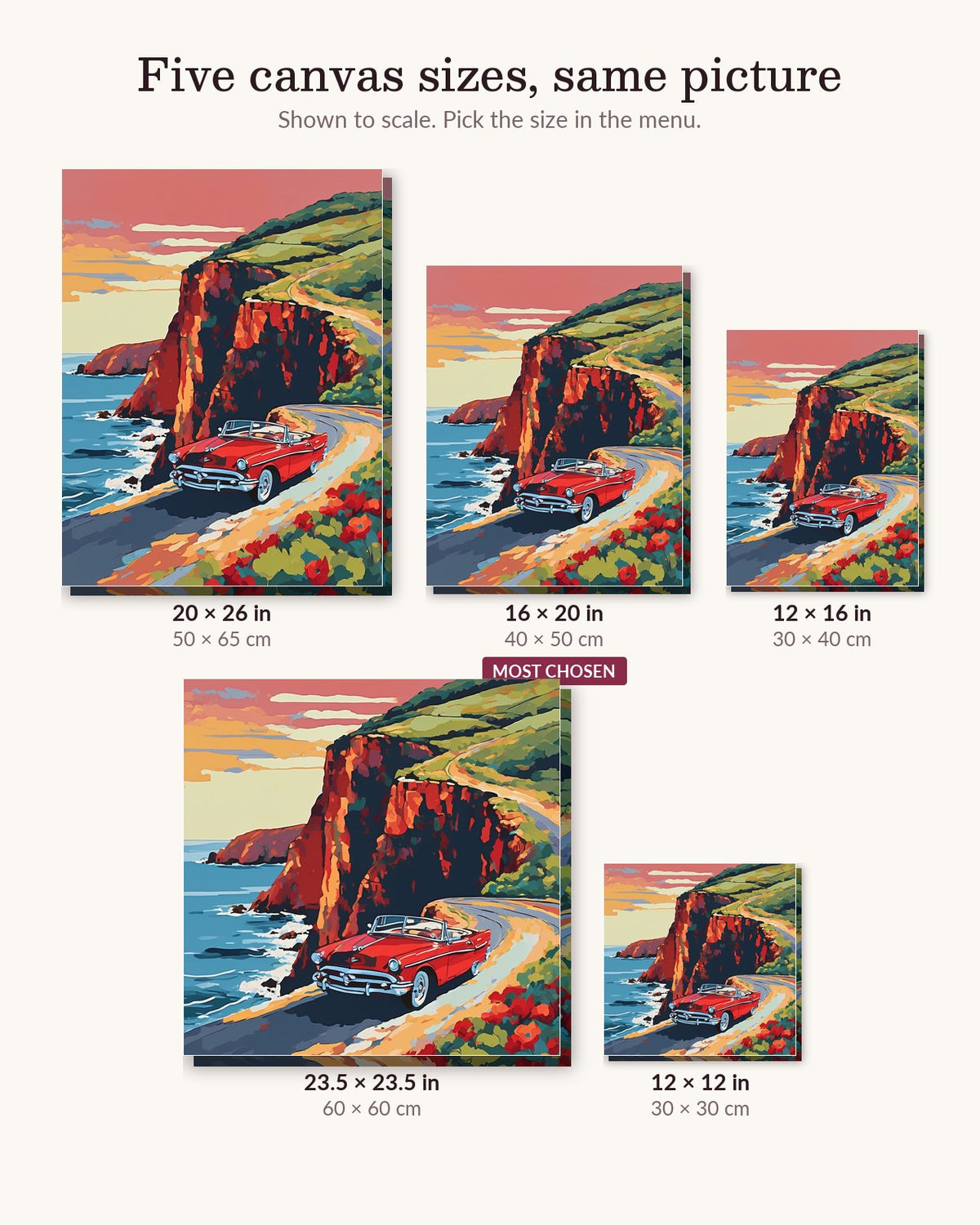 Red Convertible on the Cliff Road canvas sizes from 12 x 12 to 23.5 x 23.5 inches
