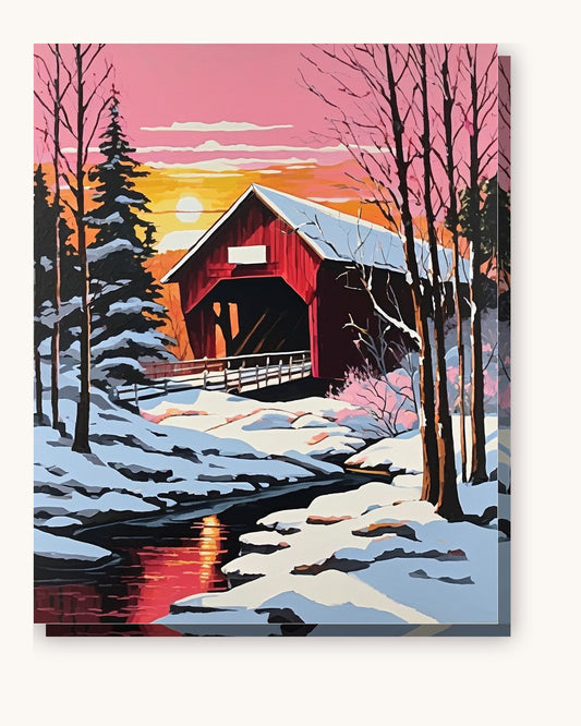 Red Covered Bridge in Winter paint by numbers kit on stretched canvas