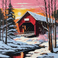 red covered bridge over a creek in a snowy forest at a pink and orange sunset, paint by numbers kit
