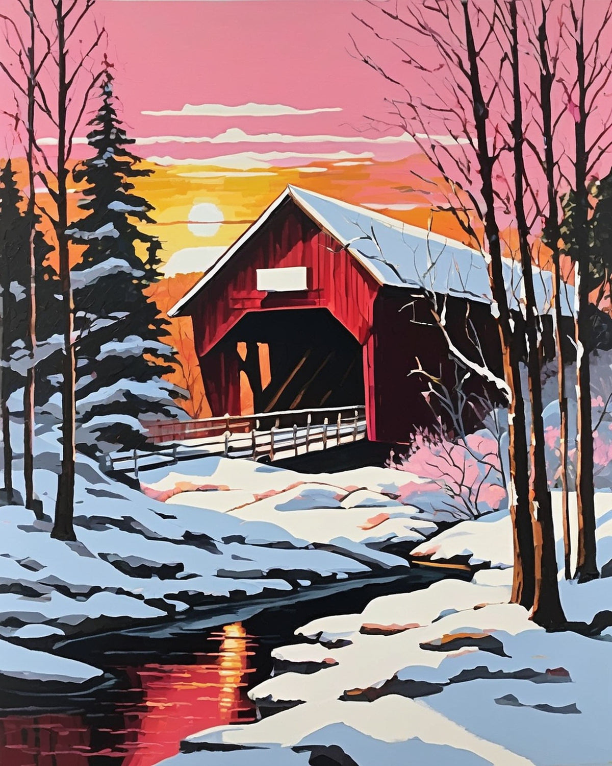 red covered bridge over a creek in a snowy forest at a pink and orange sunset, paint by numbers kit