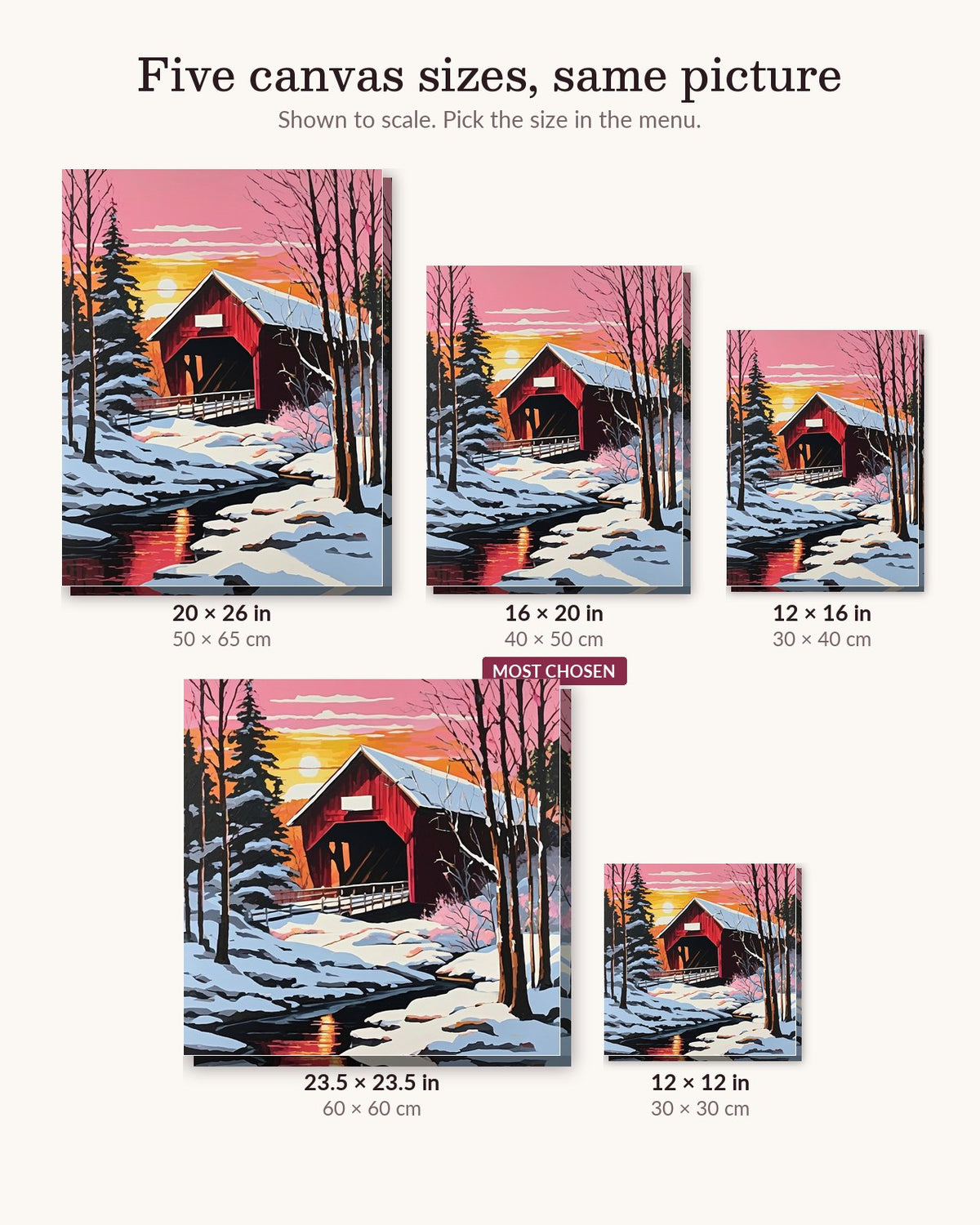 Red Covered Bridge in Winter canvas sizes from 12 x 12 to 23.5 x 23.5 inches