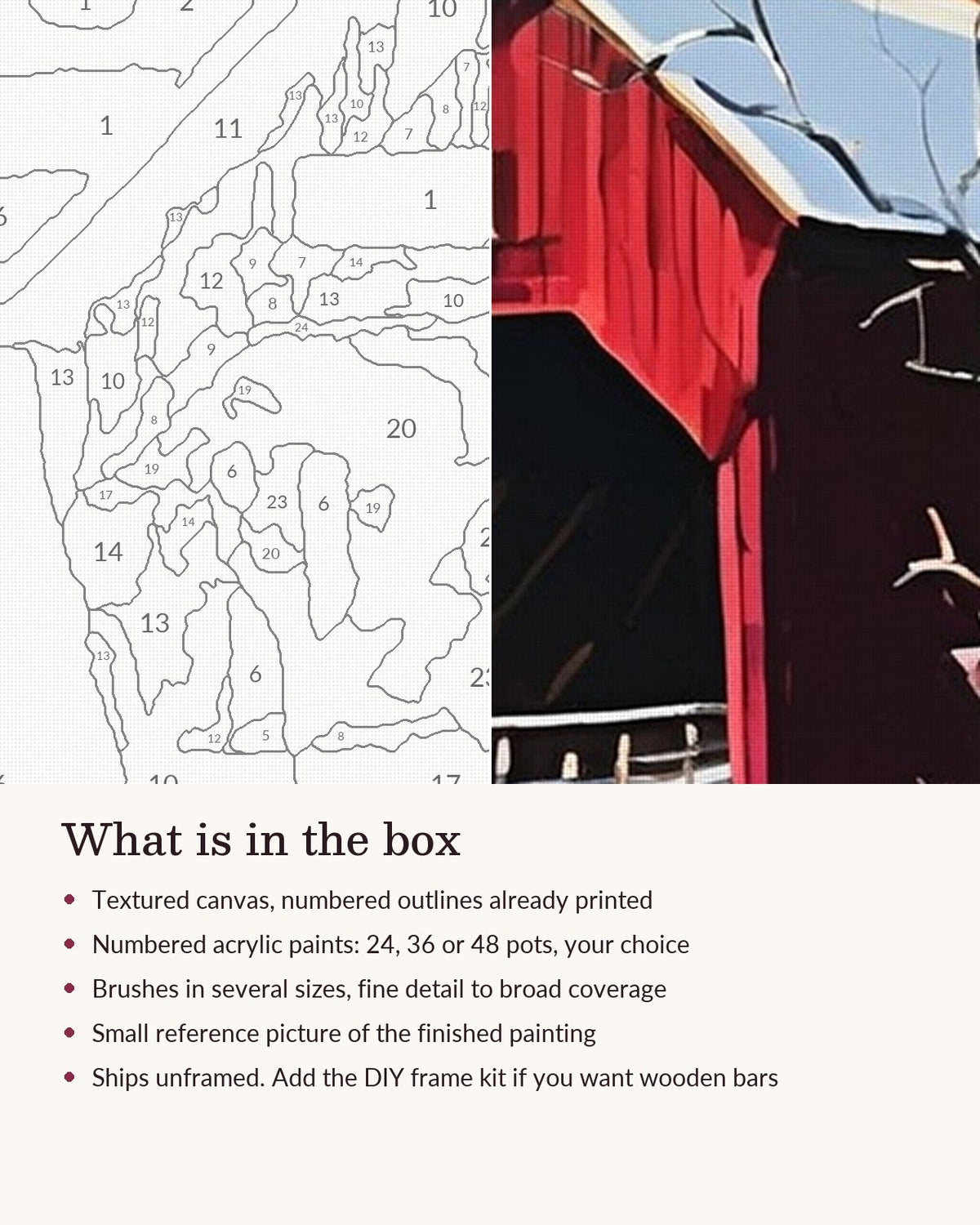 Close-up of the Red Covered Bridge in Winter canvas texture and printed numbers