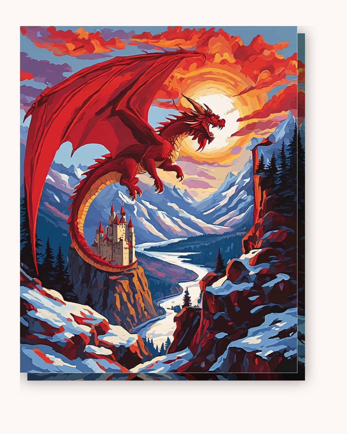 Red Dragon over the Mountain Castle paint by numbers kit on stretched canvas