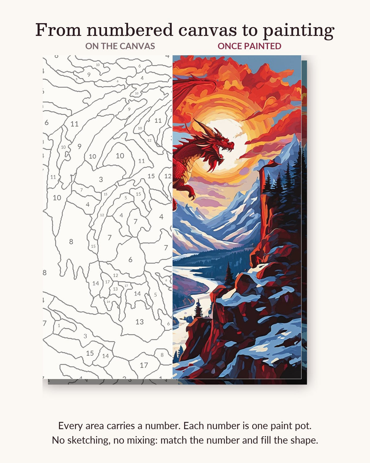 Red Dragon over the Mountain Castle numbered canvas next to the finished painting