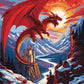 red dragon flying over a castle on a cliff and snowy mountains paint by numbers kit