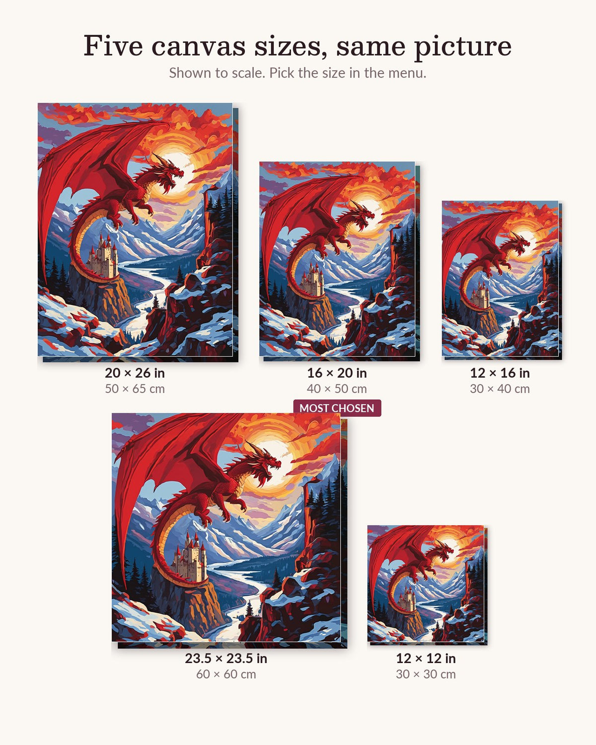 Red Dragon over the Mountain Castle canvas sizes from 12 x 12 to 23.5 x 23.5 inches