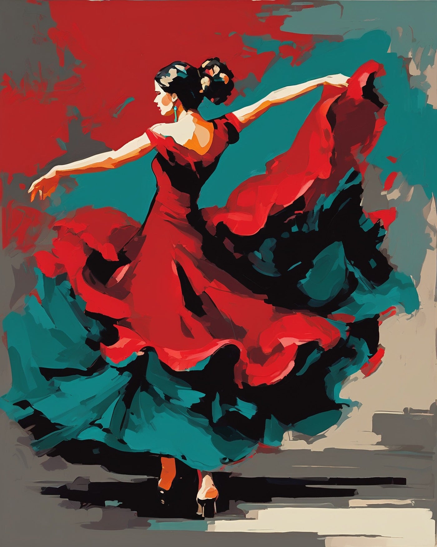 Red Dress Dancer paint by numbers kit, flamenco dancer twirling in a long red dress
