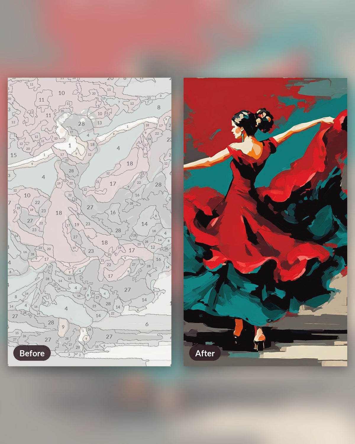 Red Dress Dancer paint by numbers kit, before and after