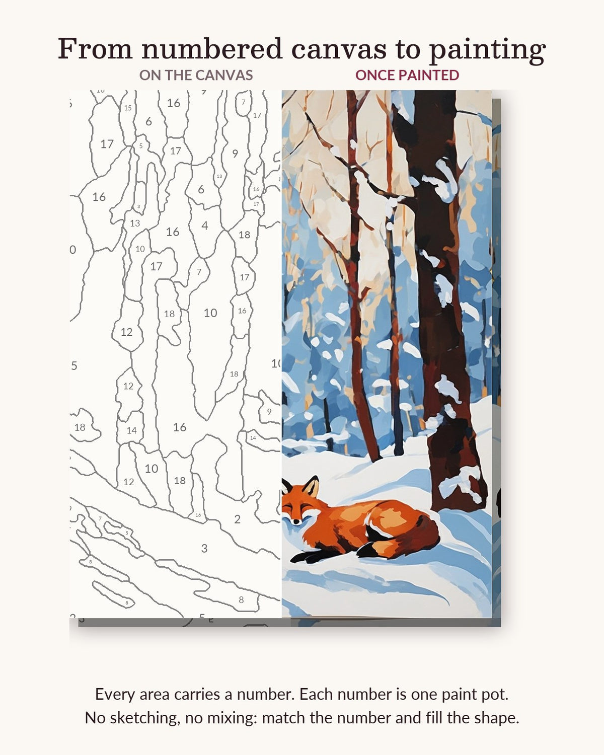 Red Fox Curled in the Snow numbered canvas next to the finished painting