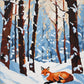 red fox curled up in the snow in a forest of tall brown trees, paint by numbers kit