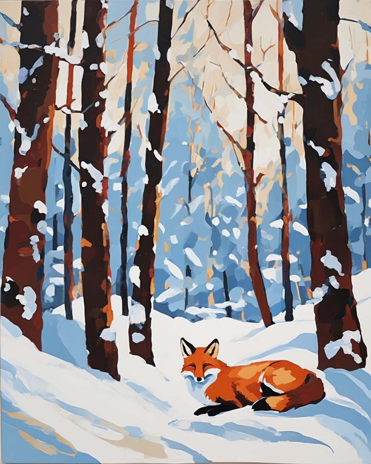 red fox curled up in the snow in a forest of tall brown trees, paint by numbers kit