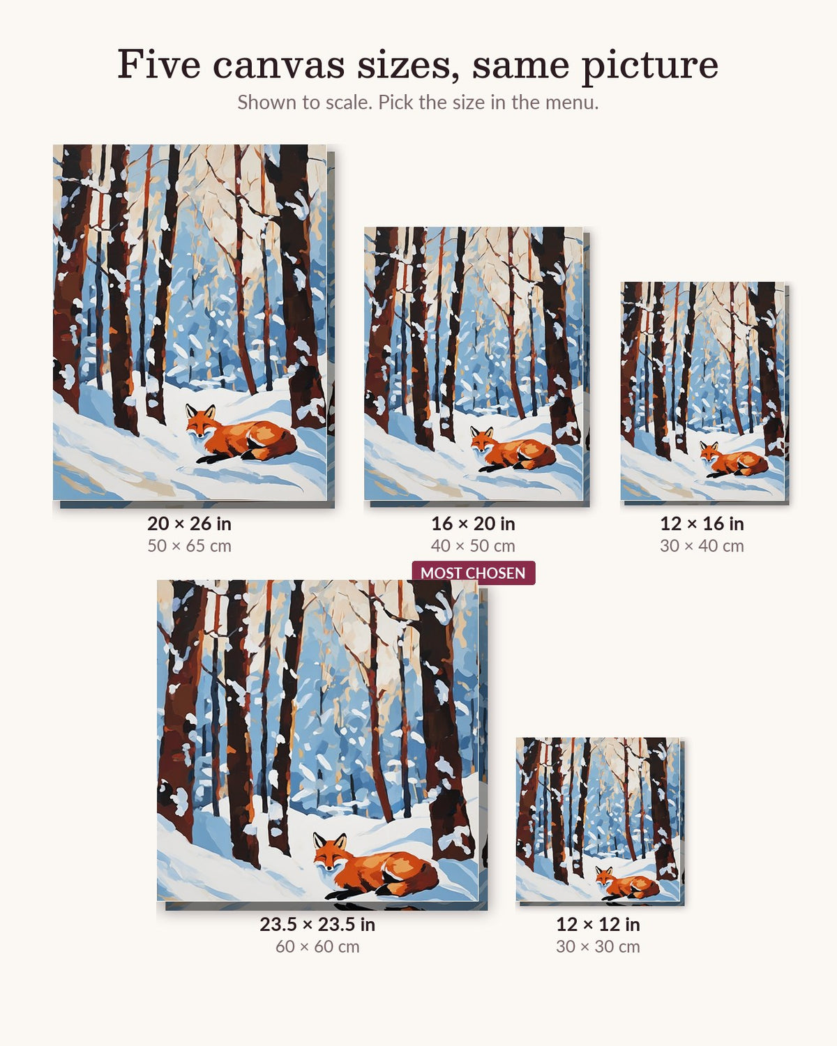 Red Fox Curled in the Snow canvas sizes from 12 x 12 to 23.5 x 23.5 inches