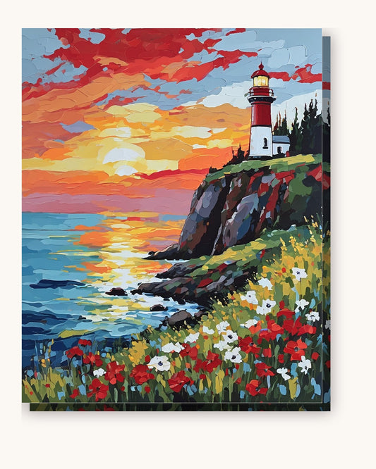 Red Lighthouse and Wildflowers at Sunset paint by numbers kit on stretched canvas
