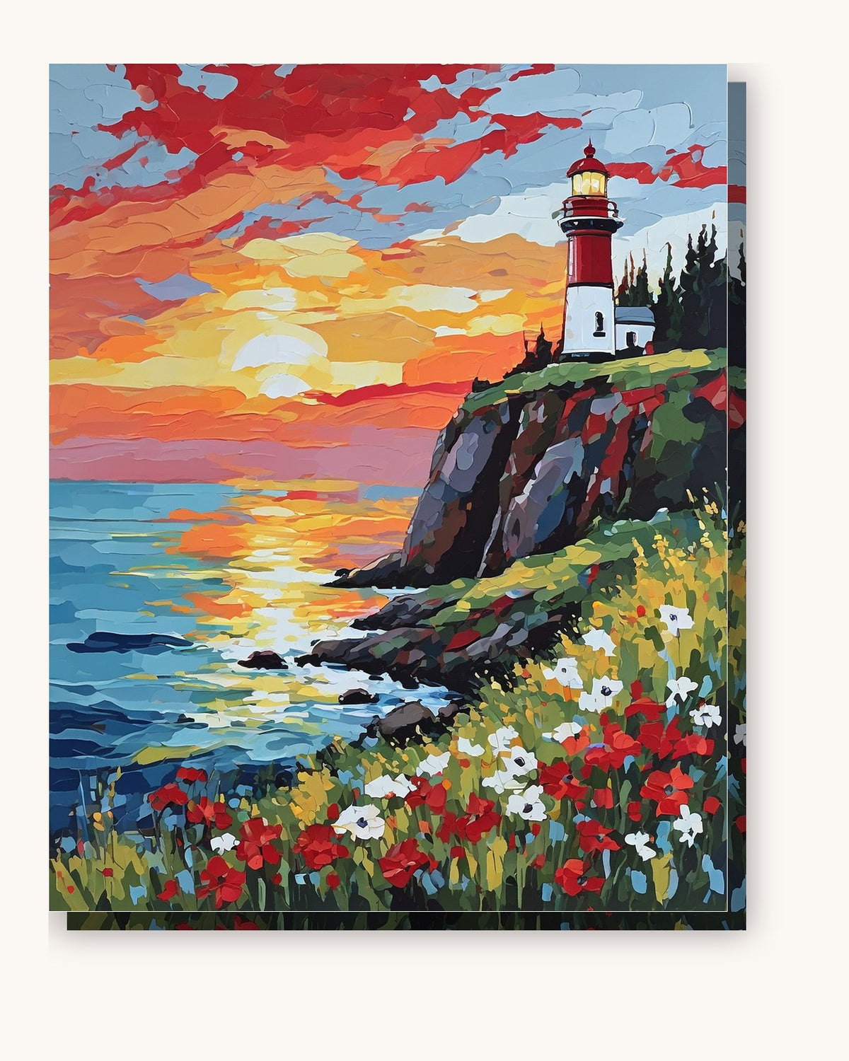 Red Lighthouse and Wildflowers at Sunset paint by numbers kit on stretched canvas