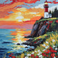 red and white lighthouse on a grassy cliff with wildflowers above the sea at sunset, paint by numbers kit