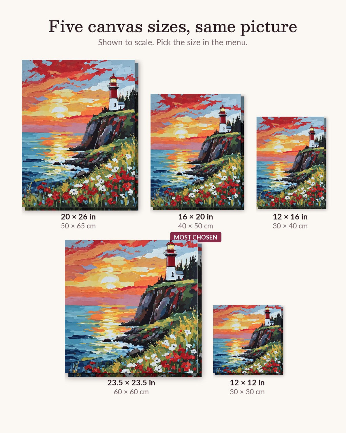 Red Lighthouse and Wildflowers at Sunset canvas sizes from 12 x 12 to 23.5 x 23.5 inches