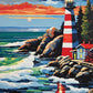 Red Lighthouse on a Winter Shore paint by numbers kit, red and white striped lighthouse on rocks with a small house, evergreen and waves under a blue evening sky