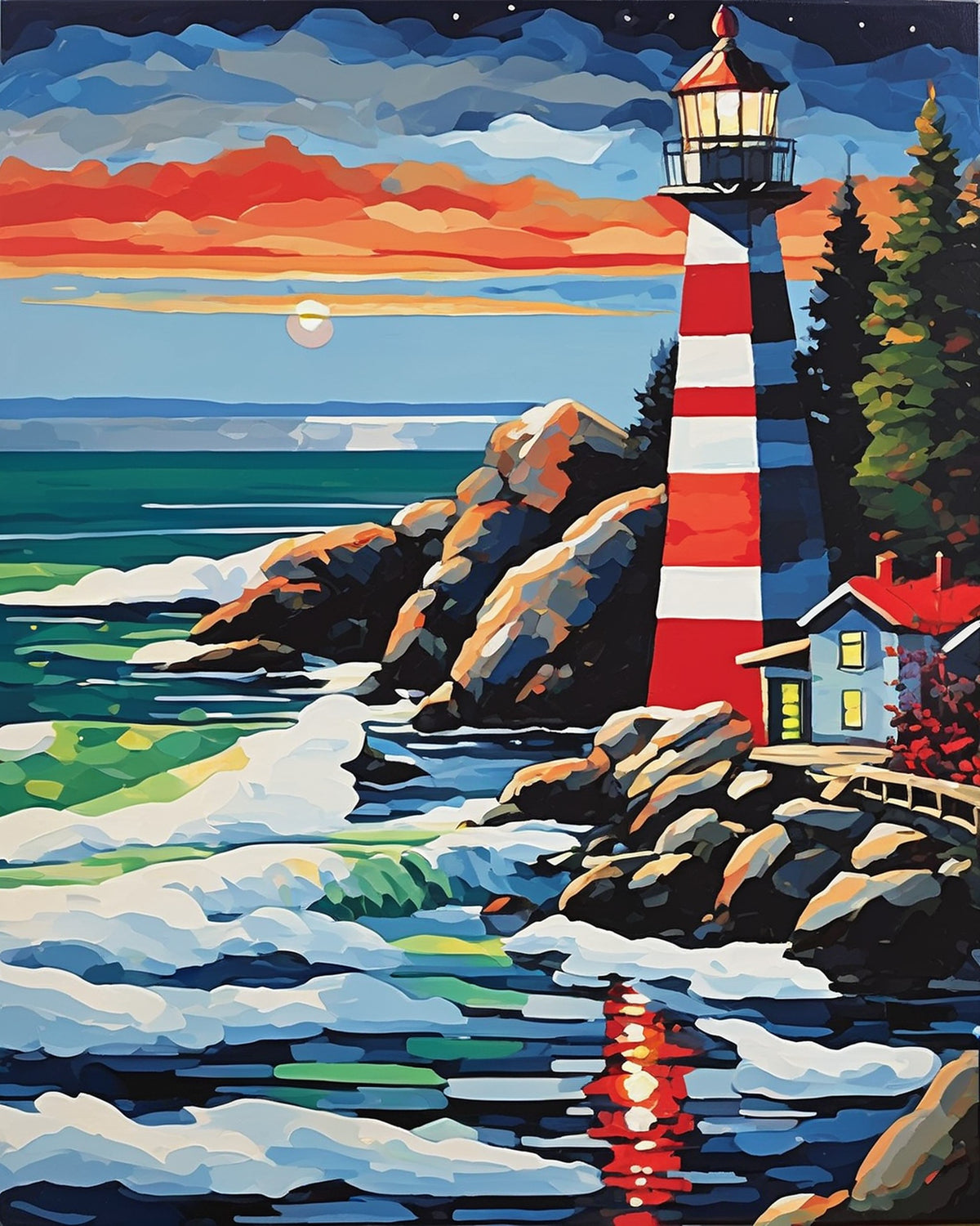 Red Lighthouse on a Winter Shore paint by numbers kit, red and white striped lighthouse on rocks with a small house, evergreen and waves under a blue evening sky