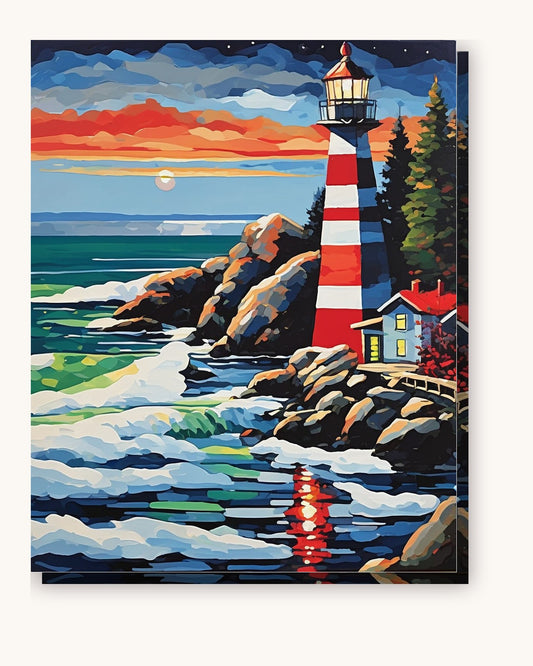 Red Lighthouse on a Winter Shore paint by numbers kit on stretched canvas