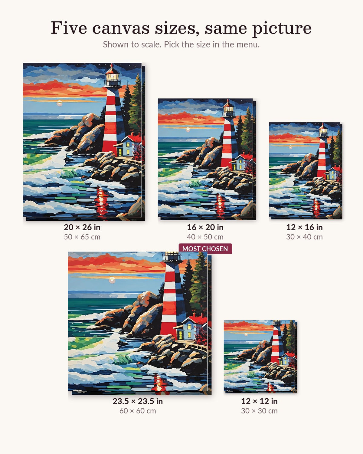 Red Lighthouse on a Winter Shore canvas sizes from 12 x 12 to 23.5 x 23.5 inches