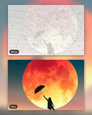 Red Lunar Eclipse paint by numbers kit, before and after