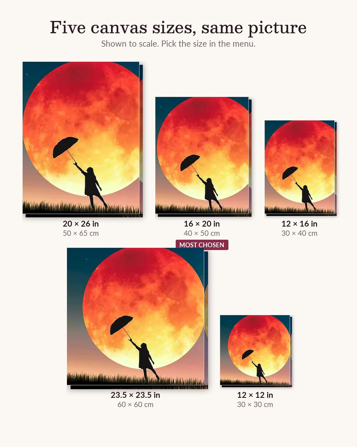 Red Lunar Eclipse canvas sizes from 12 x 12 to 23.5 x 23.5 inches