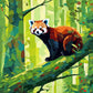 red panda sitting on a mossy branch in a green forest with soft light, paint by numbers kit