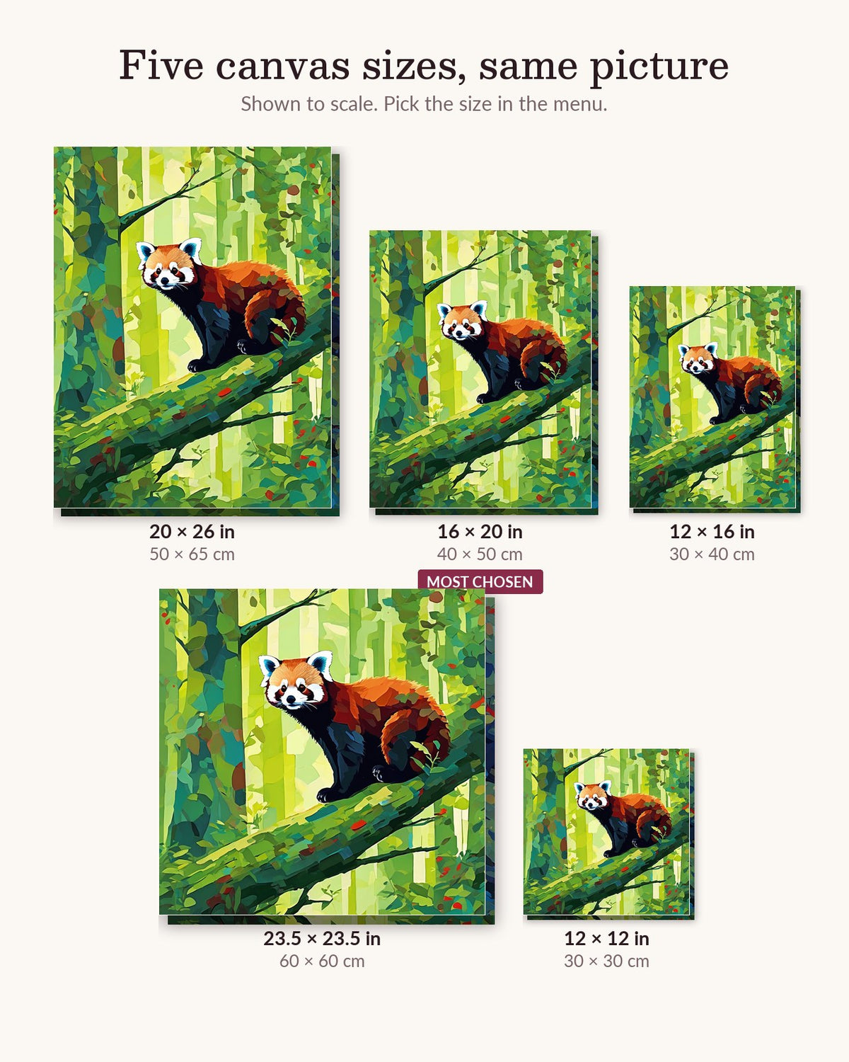 Red Panda on a Mossy Branch canvas sizes from 12 x 12 to 23.5 x 23.5 inches