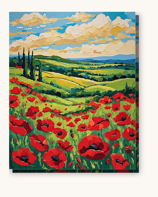 Red Poppy Field Under Golden Clouds paint by numbers kit on stretched canvas