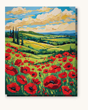 Red Poppy Field Under Golden Clouds paint by numbers kit on stretched canvas