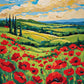 large red poppies on green rolling hills with cypress trees and golden clouds, paint by numbers kit