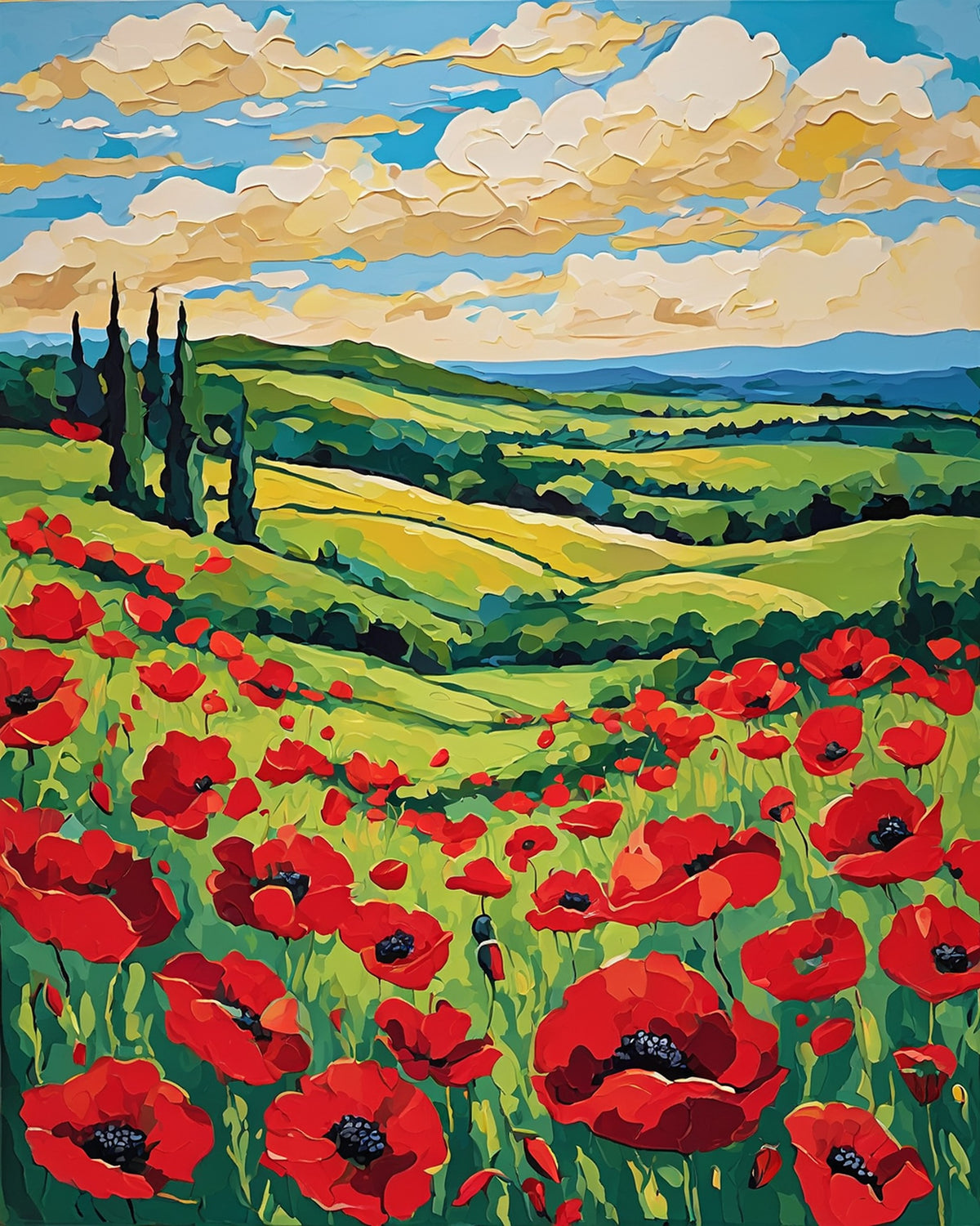 large red poppies on green rolling hills with cypress trees and golden clouds, paint by numbers kit