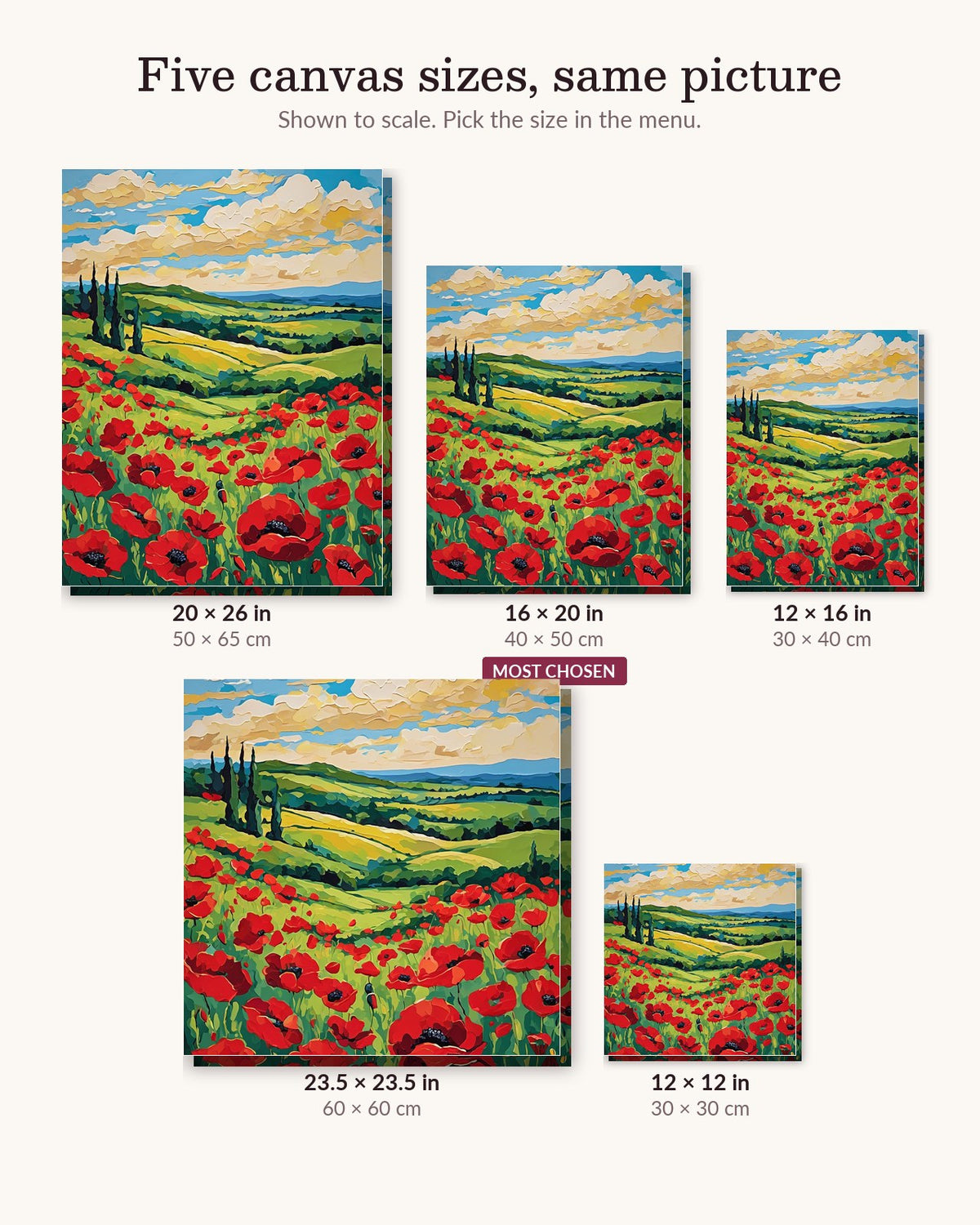 Red Poppy Field Under Golden Clouds canvas sizes from 12 x 12 to 23.5 x 23.5 inches