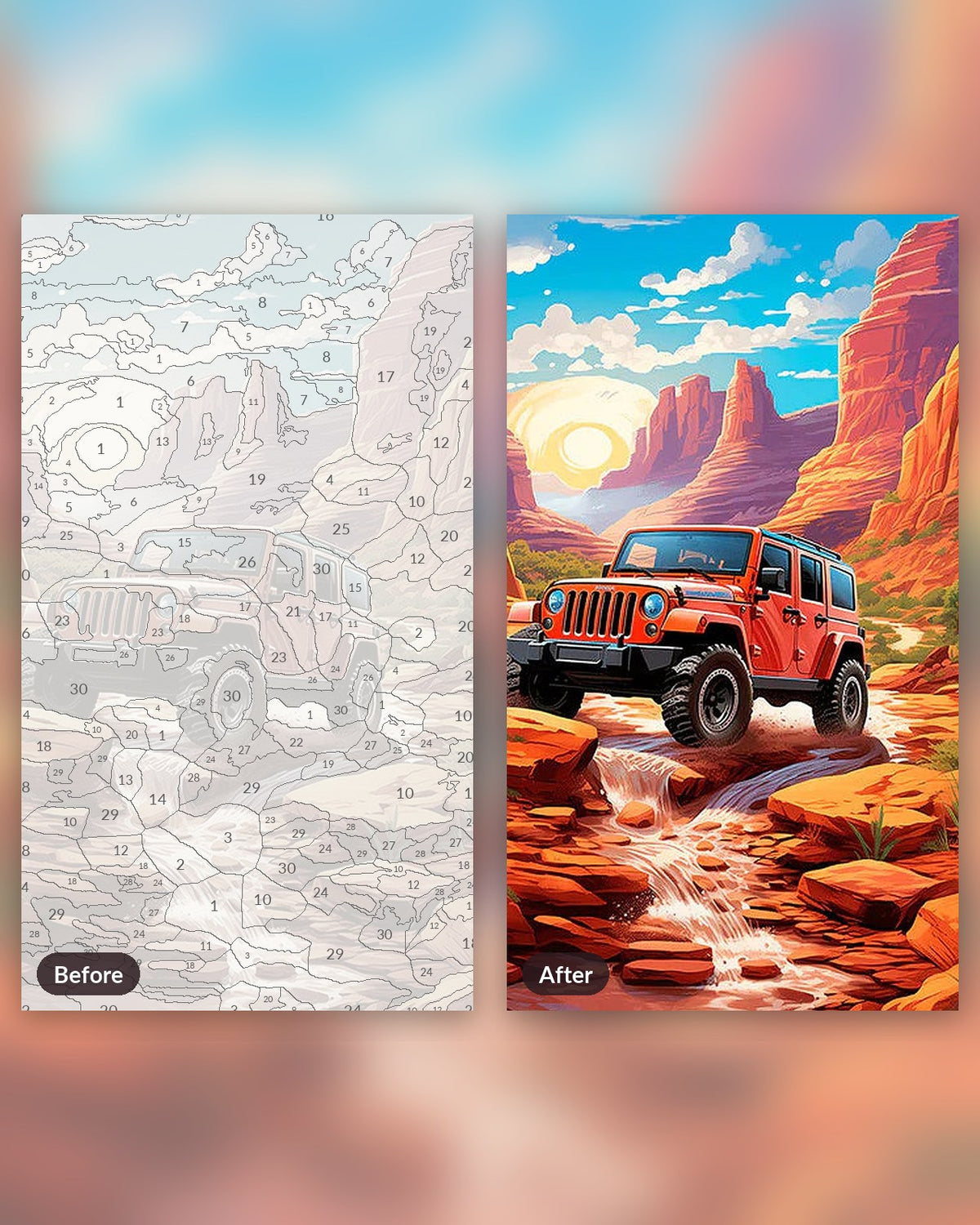 Red Earth Odyssey paint by numbers kit, before and after