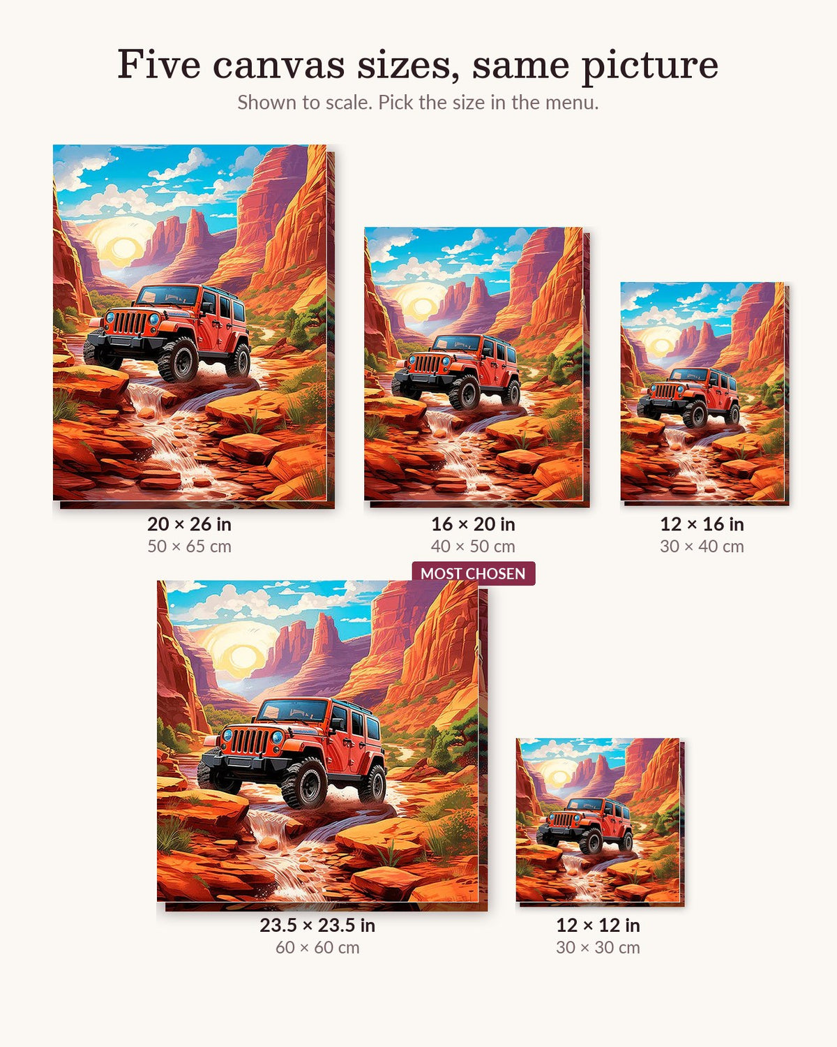 Red Earth Odyssey canvas sizes from 12 x 12 to 23.5 x 23.5 inches