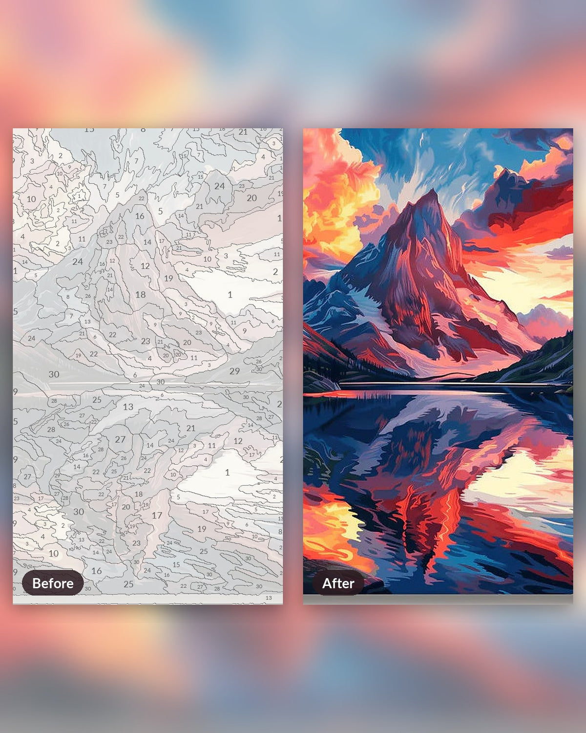 Sierra of Flames paint by numbers kit, before and after