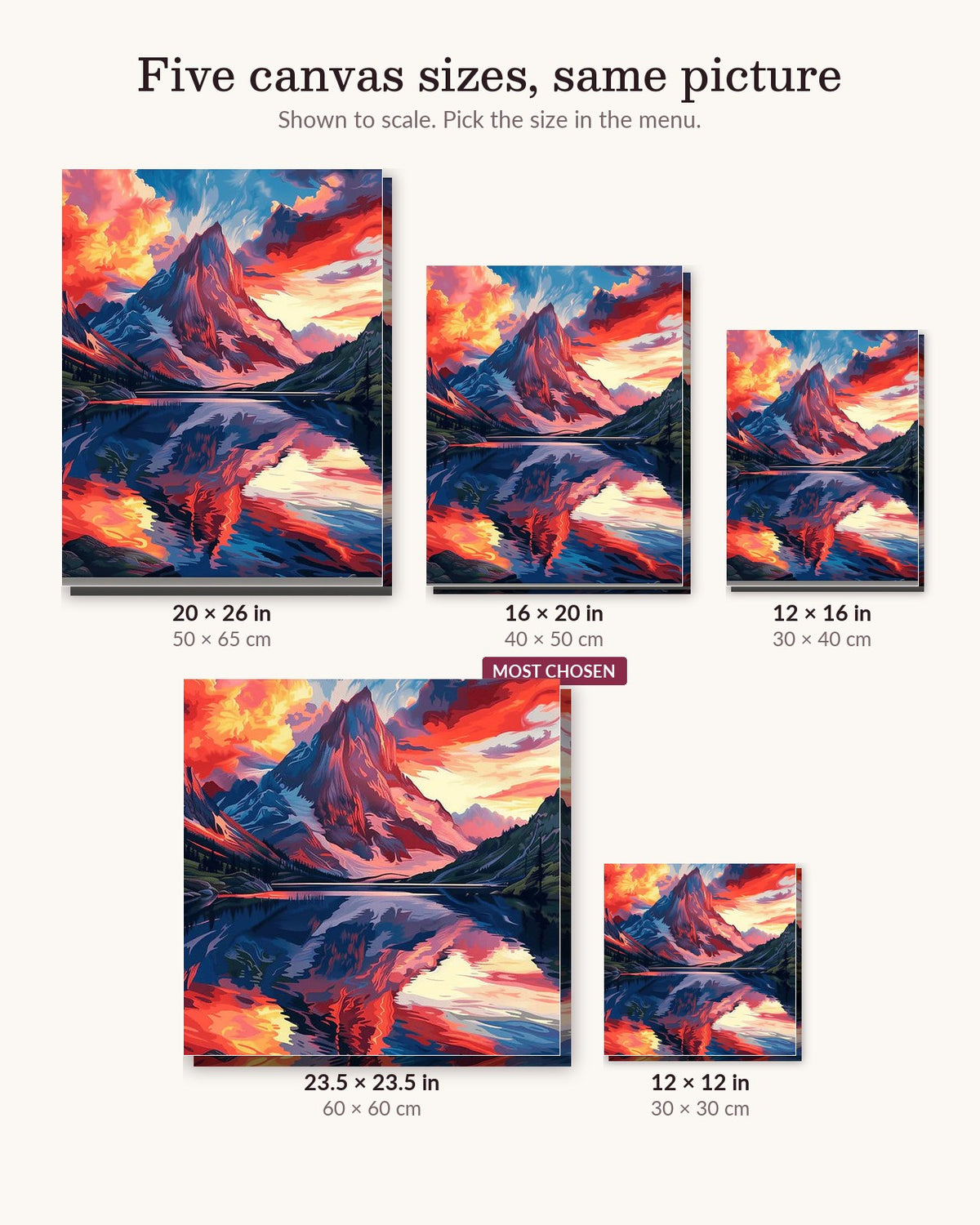 Sierra of Flames canvas sizes from 12 x 12 to 23.5 x 23.5 inches