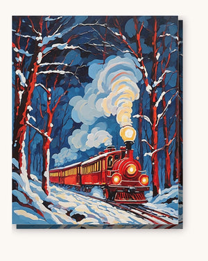 Red Steam Train in a Snowy Forest paint by numbers kit on stretched canvas