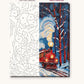 Red Steam Train in a Snowy Forest numbered canvas next to the finished painting