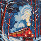 red steam train with glowing lights and swirling smoke traveling through a snowy forest at night, paint by numbers kit