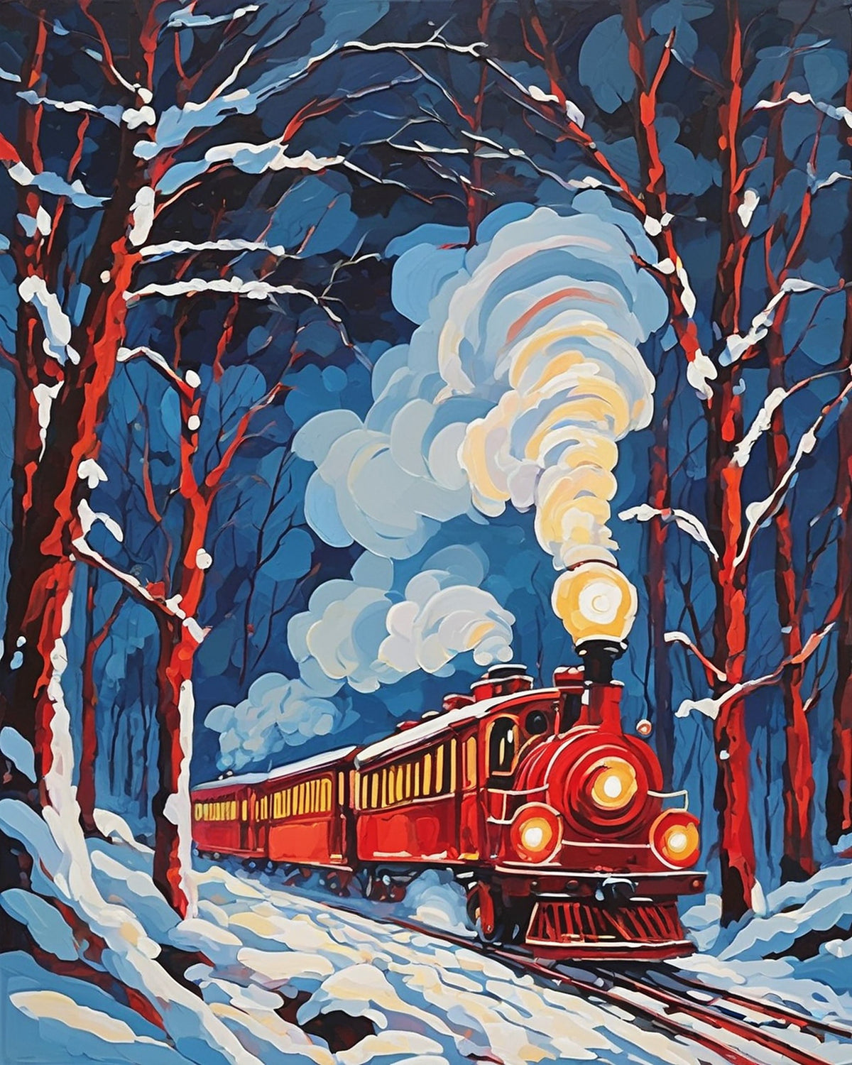 red steam train with glowing lights and swirling smoke traveling through a snowy forest at night, paint by numbers kit