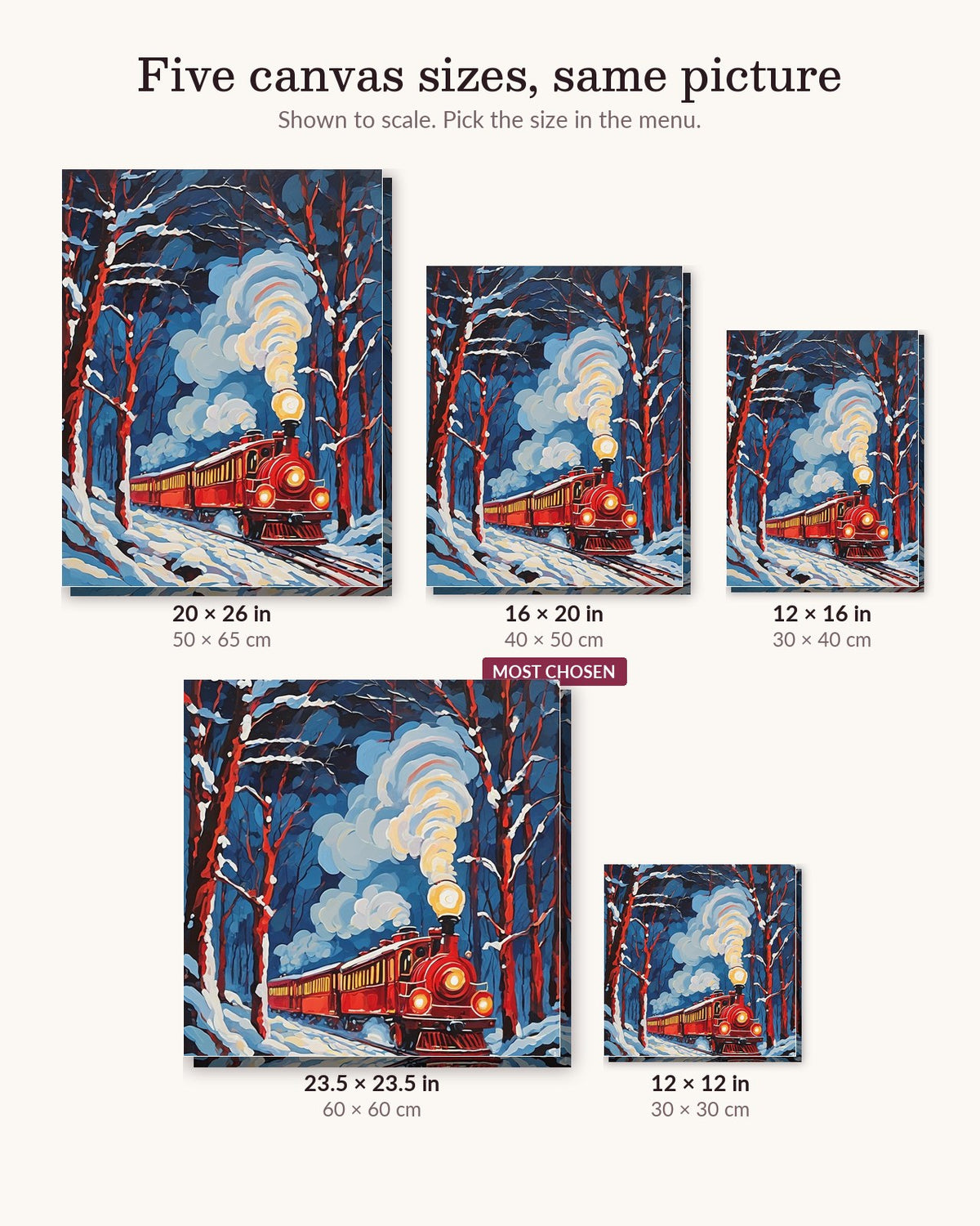 Red Steam Train in a Snowy Forest canvas sizes from 12 x 12 to 23.5 x 23.5 inches